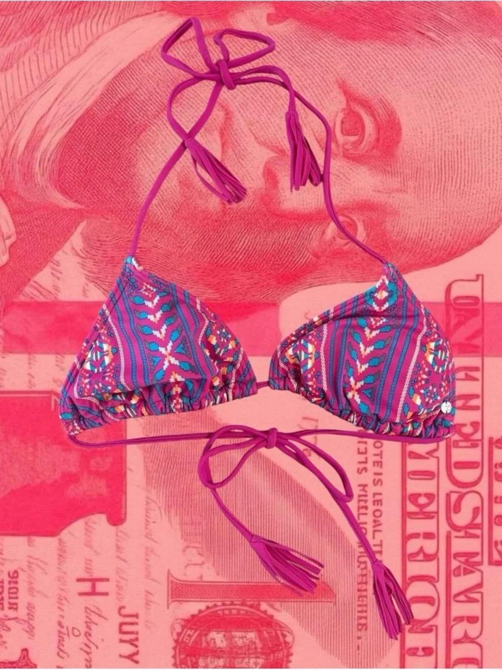 billabong y2k pink and purple paisley tribal pattern print triangle bikini top s